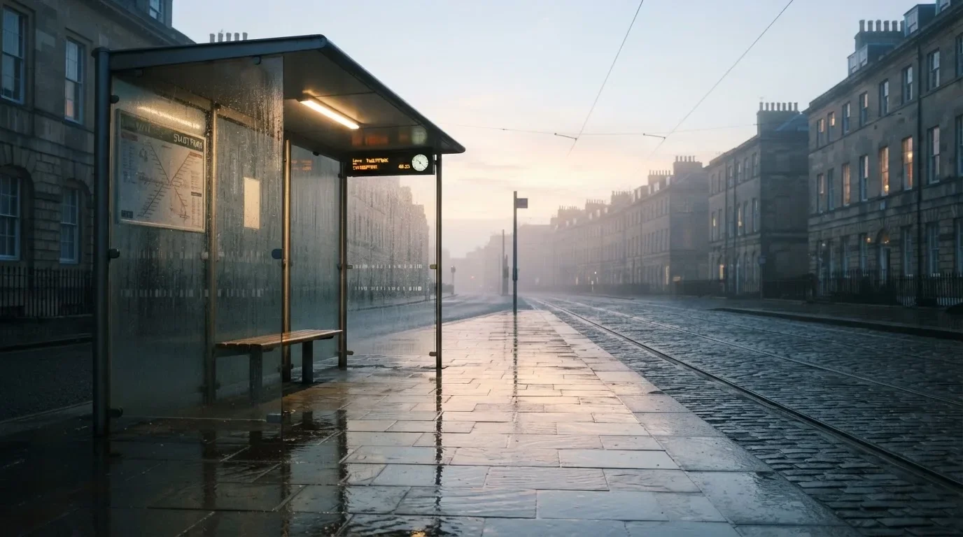 Pusta wiata przystanku tramwajowego na miejskiej ulicy o świcie, pusta ławka i mokry chodnik.