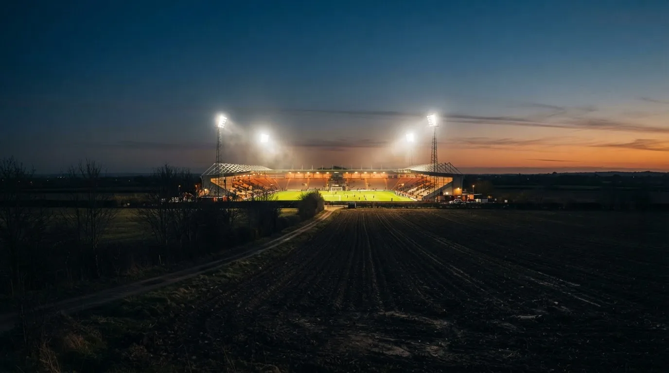 Stadion rozświetlony reflektorami widziany z daleka znad ciemnych pól w pogodny wieczór.