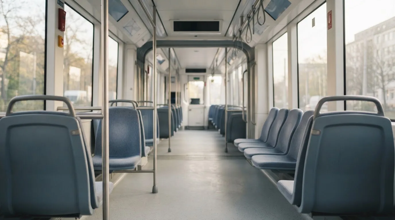 Wnętrze pustego tramwaju z rzędami siedzeń i poręczą w porannym świetle.