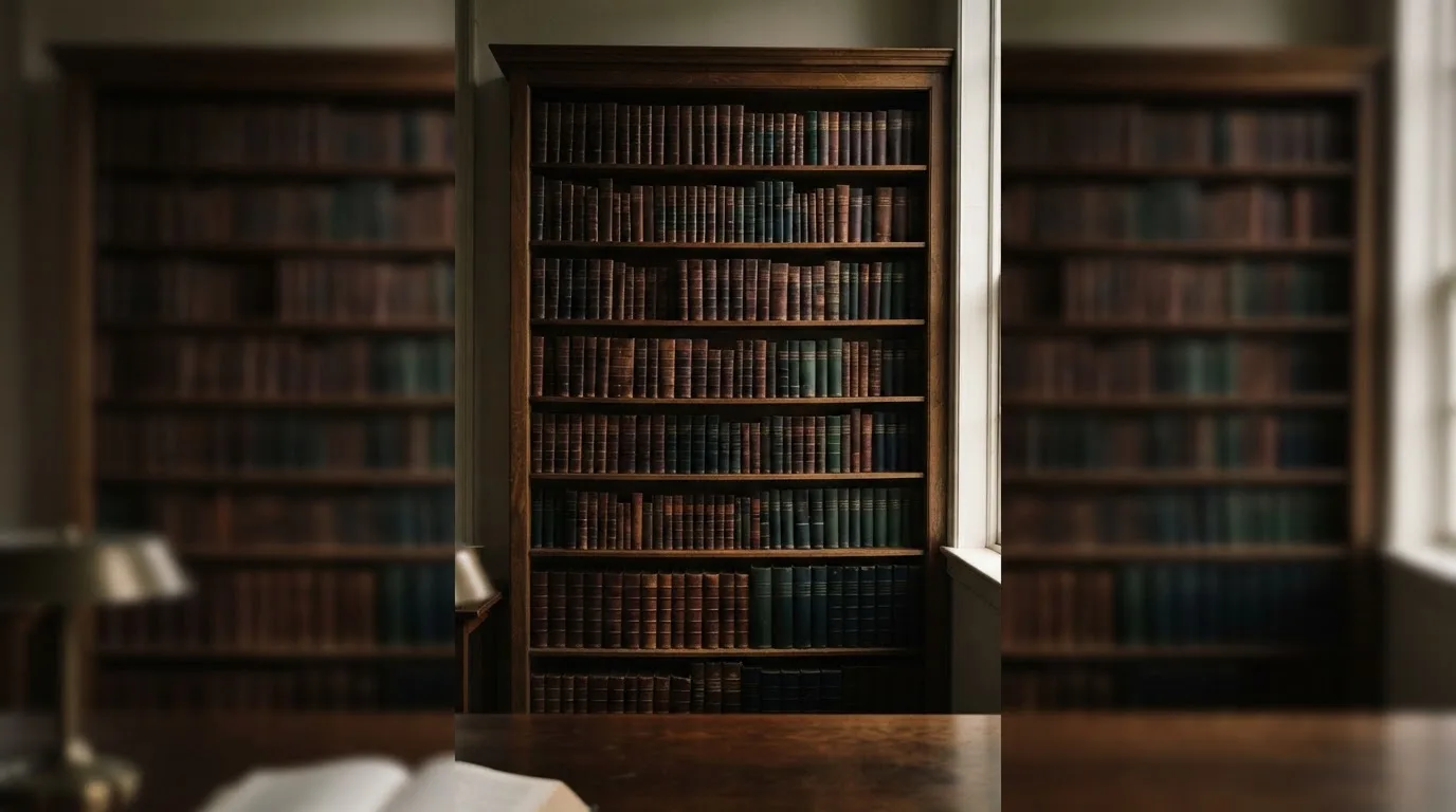 Regał z zamkniętymi książkami w skórzanych oprawach w cichej bibliotece, światło pada z boku.