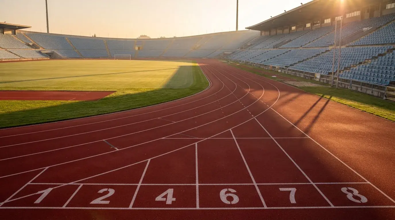Bieżnia lekkoatletyczna wygięta w łuk pustego stadionu w porannym słońcu.