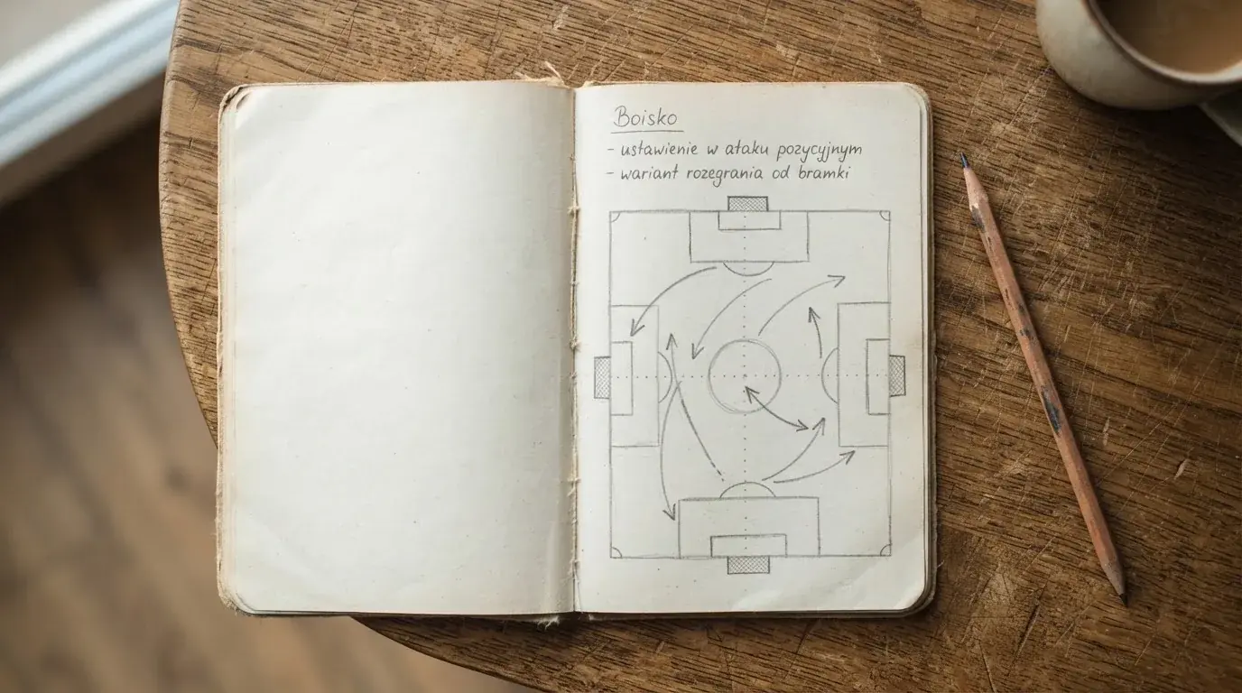 Notes z odręcznym szkicem boiska i strzałkami leżący obok ołówka na drewnianym stole.