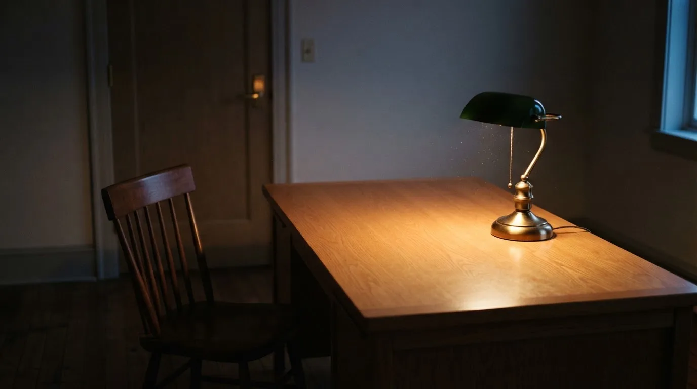 Lampa biurkowa świecąca na pustym drewnianym biurku w cichym gabinecie wieczorem, obok puste krzesło.