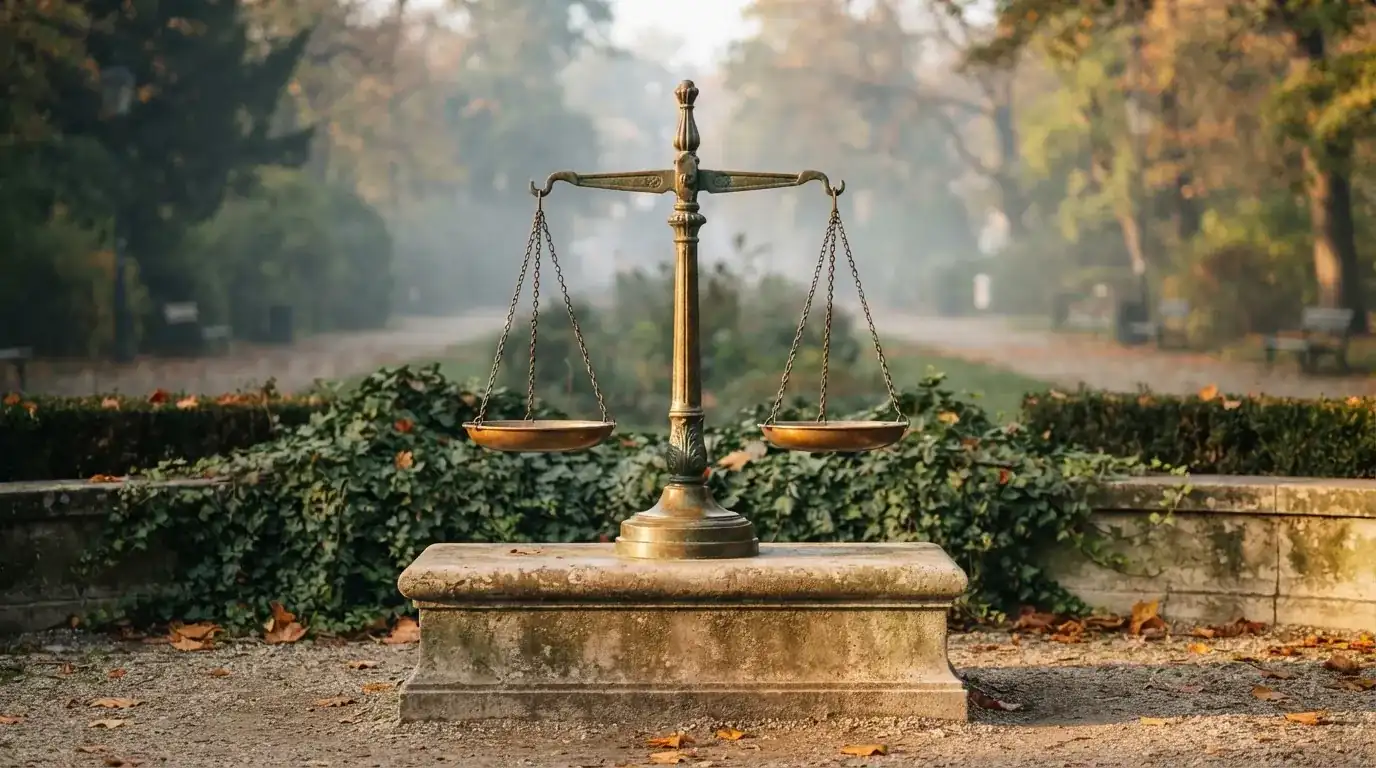 Rzeźba w brązie przedstawiająca wagę szalkową na kamiennym cokole w parku, poranne światło.