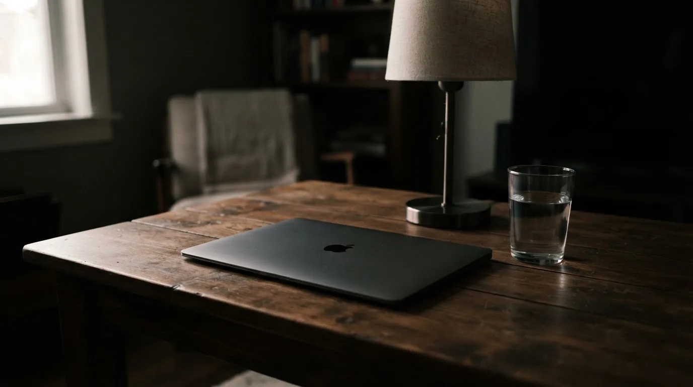 Zamknięty laptop i szklanka wody stoją na stole w półmroku pokoju, zgaszona lampka stoi obok.